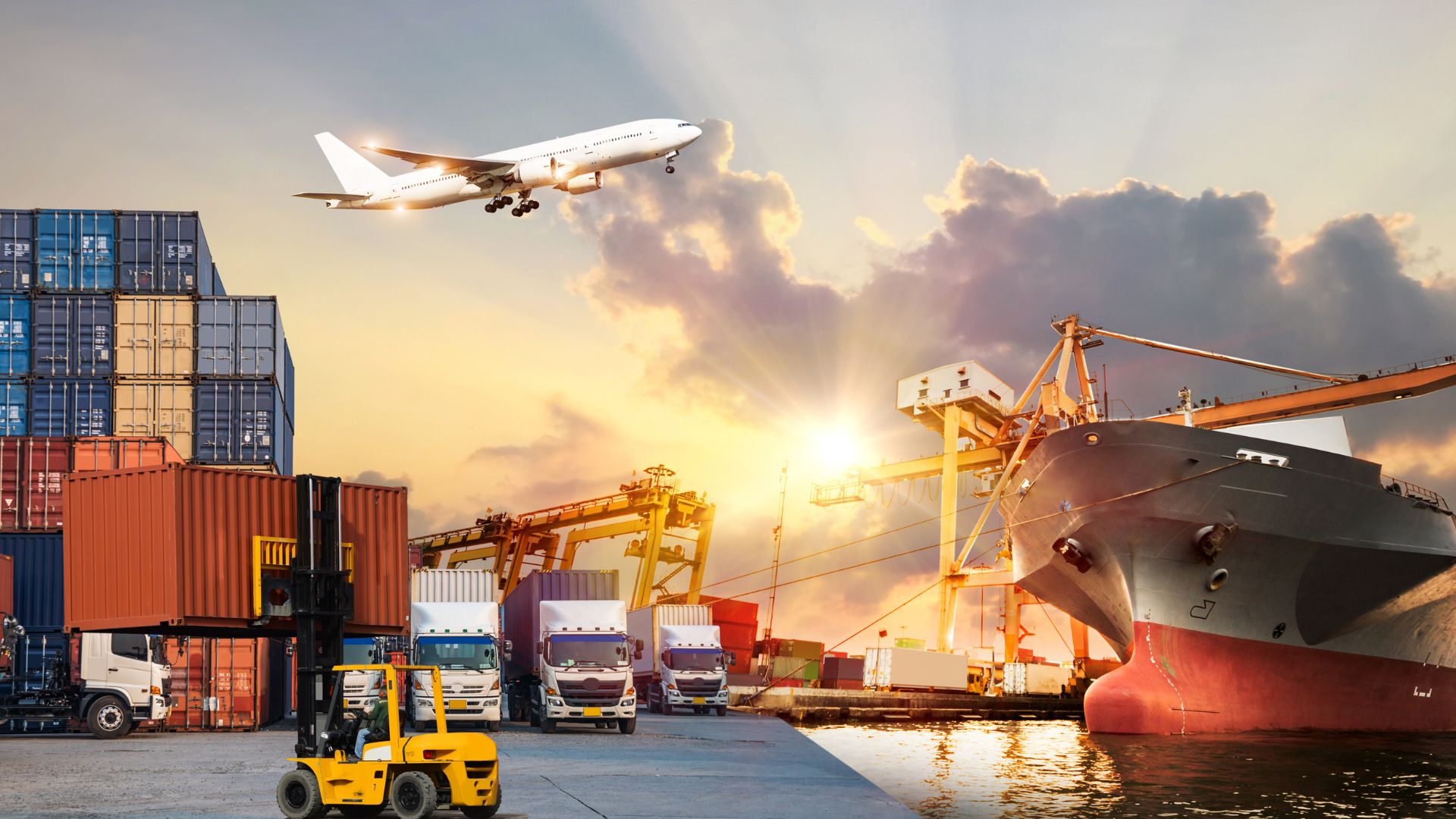 Logistikhafen mit Containern, LKW und Frachtschiff im Sonnenuntergang