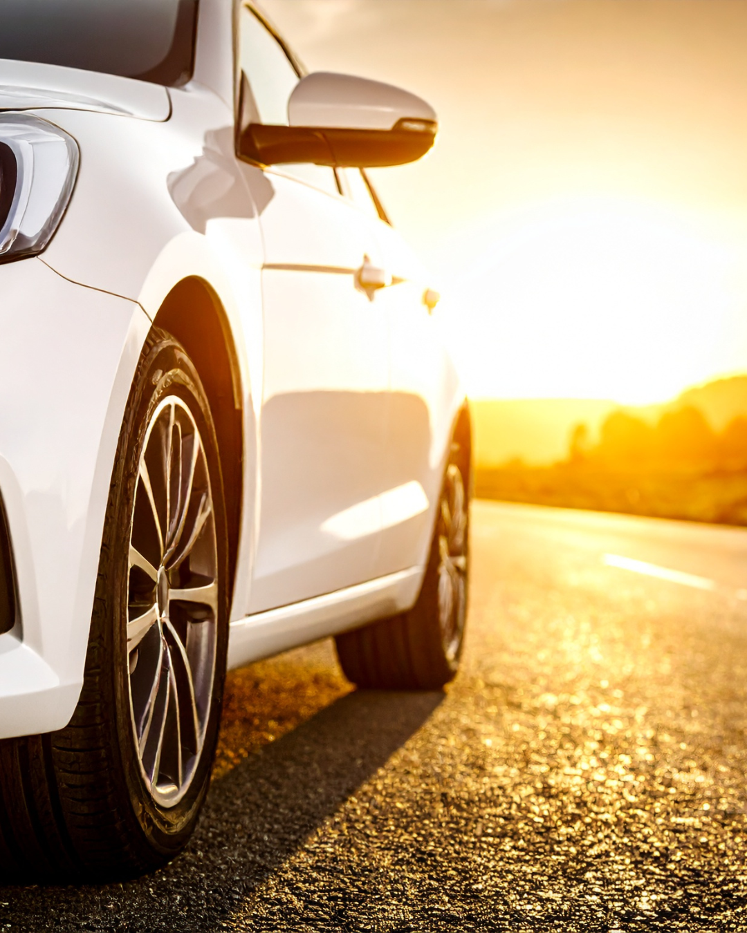 Weißes Firmenfahrzeug auf einer Landstraße im Sonnenuntergang